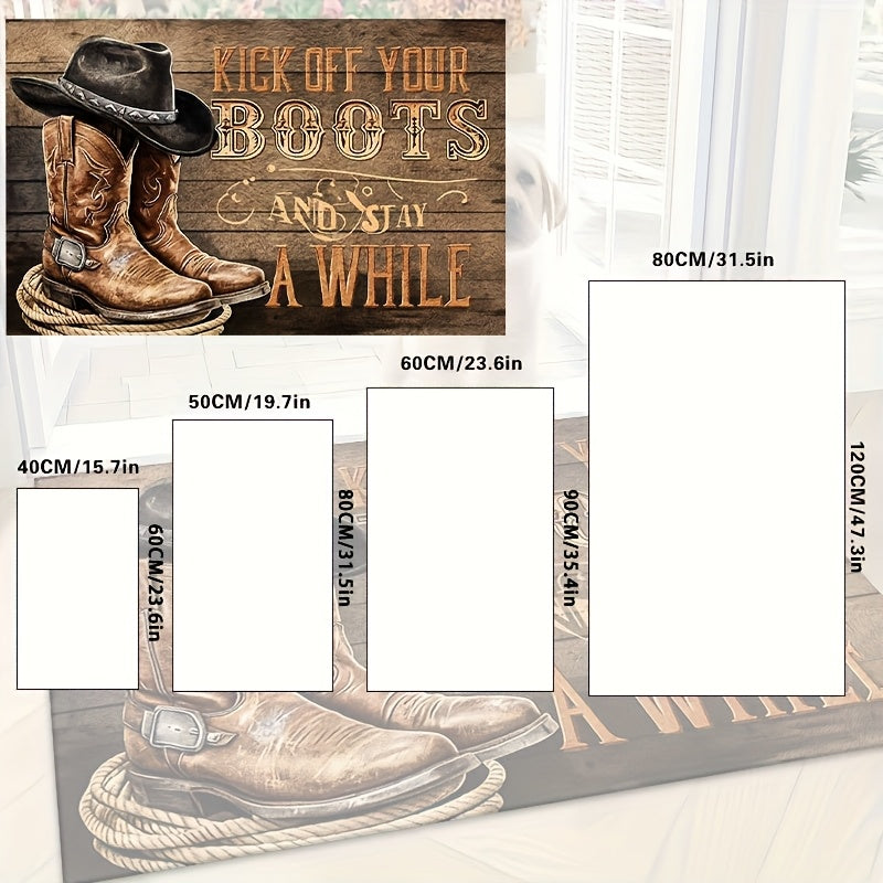 Western Cowboy Boot Doormat Indoor Outdoor Farmhouse Welcome Mat | "Take Off Your Boots" Rustic Ranch Entrance Rug for Front Door Porch Mudroom – Durable Polyester, Easy Clean, 20x30 & 24x36 Inch
