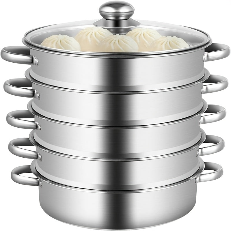 304 Stainless Steel Stackable Steamer Pot with Tempered Glass Lid – 2-Tier or 5-Tier Heavy-Duty Steam Cooker for Dumplings Vegetables Pasta Meat, Home & Commercial