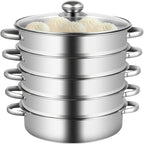 304 Stainless Steel Stackable Steamer Pot with Tempered Glass Lid – 2-Tier or 5-Tier Heavy-Duty Steam Cooker for Dumplings Vegetables Pasta Meat, Home & Commercial