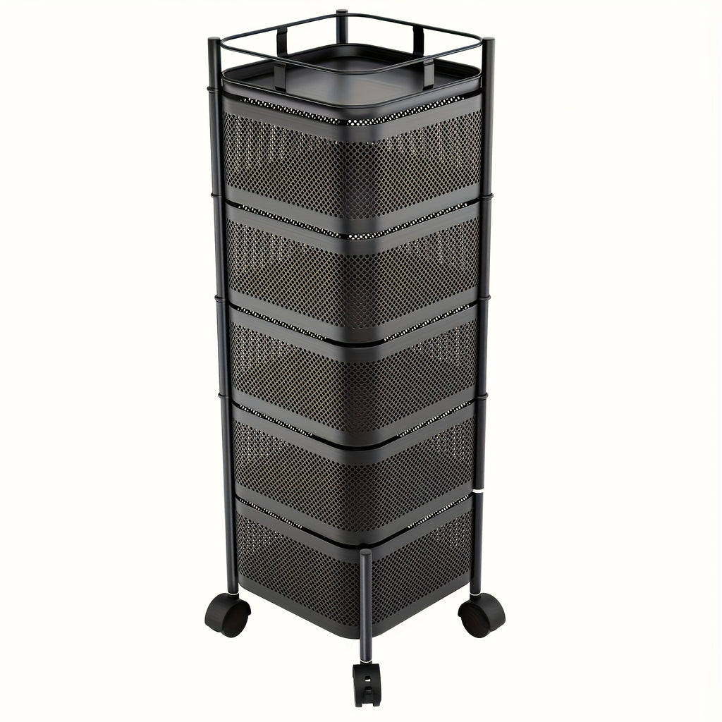 Rolling Kitchen Cart 5 Tier 360° Rotating Storage Organizer, Extra Large Standing Shelf with Locking Wheels & Removable Baskets for Pantry, Living Room & Office, Square Black