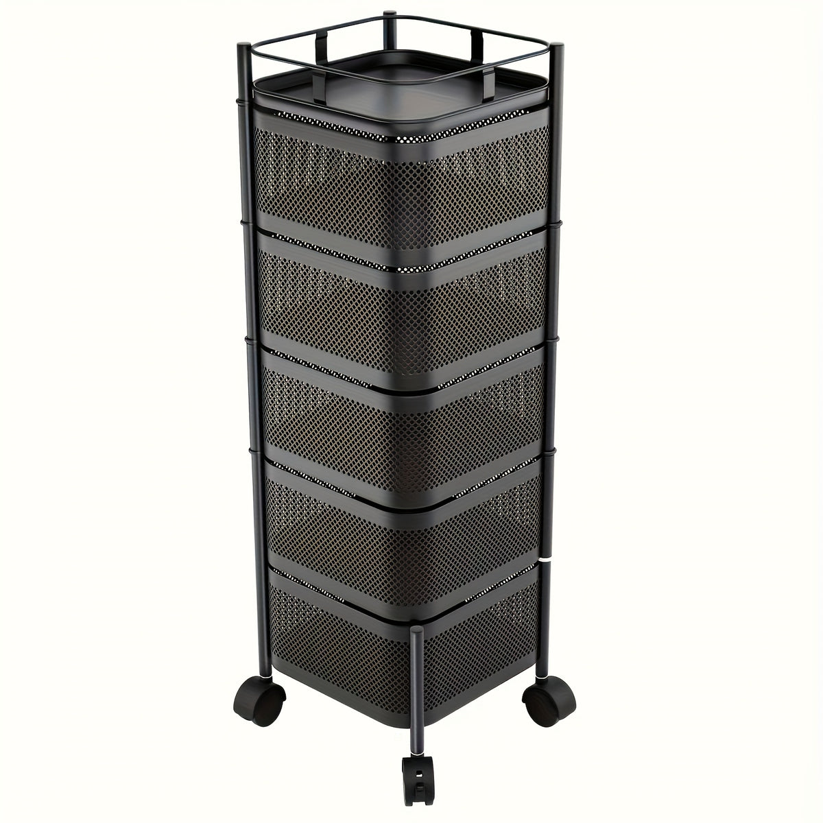Rolling Kitchen Cart 5 Tier 360° Rotating Storage Organizer, Extra Large Standing Shelf with Locking Wheels & Removable Baskets for Pantry, Living Room & Office, Square Black