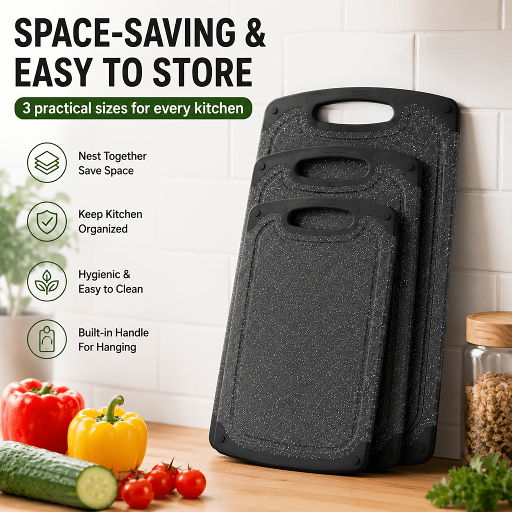Cutting Board Set 3pcs, Non-Slip Kitchen Chopping Boards with Juice Groove, Dishwasher Safe, Durable BPA-Free Boards for Meat, Vegetables & Fruit, Kitchen Essential & Great Housewarming Gift