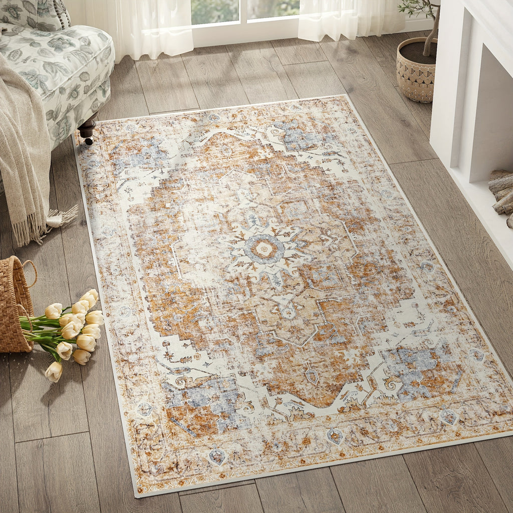 Washable Vintage Area Rug - Chenille Retro Distressed Multi-Print Foldable Lightweight Accent Rug for Entryway Bathroom Kitchen Living Room and Bedroom