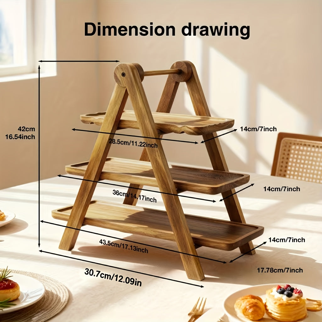 3 Tier Wood Dessert Stand Foldable Natural A-Frame Tray for Wedding Party Home Hotel Restaurant Event Cupcake Cake Display Sturdy Serving Stand