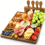 Wood Cheese Board Set with 4 Stainless Steel Knives 14x11 Inch Charcuterie Platter Appetizer Board for Party Wedding Gift Set of 1 or 2