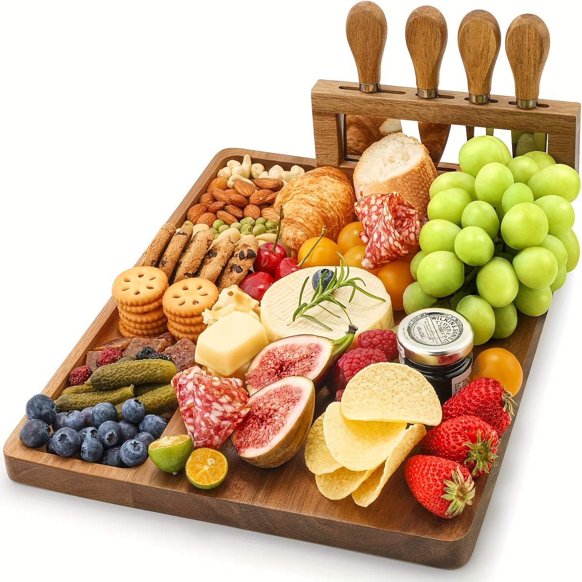 Wood Cheese Board Set with 4 Stainless Steel Knives 14x11 Inch Charcuterie Platter Appetizer Board for Party Wedding Gift Set of 1 or 2