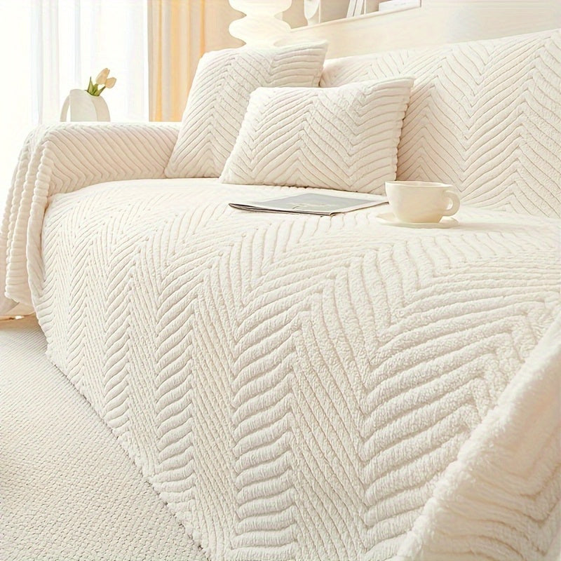 Plush Thickened Non-Slip Sofa Cover & Throw Blanket, Pet-Friendly Sofa Cushion Protector for Living Room, Bedroom & Office, 4 Sizes from 71x71 to 71x134 Inch, White Khaki Grey