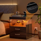 LED Nightstand with Charging Station USB Ports Outlets High Gloss Adjustable LED Lights 2 Storage Drawers Wood End Table Bedroom Living Room White Black 1pc or 2pcs