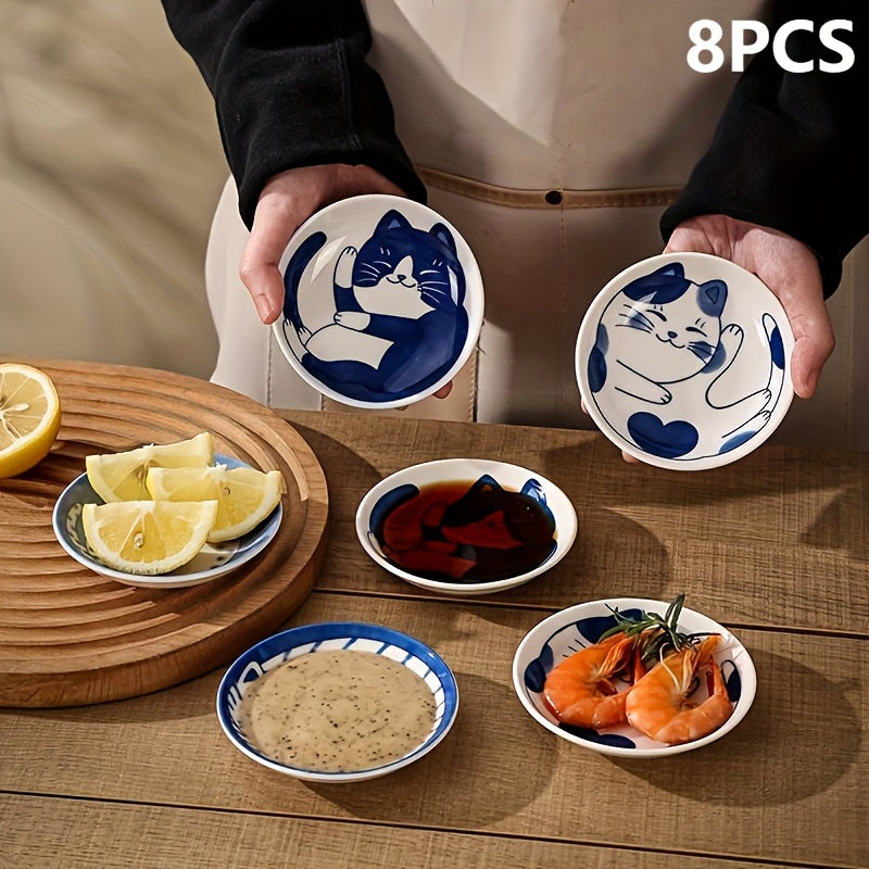 Cat Shaped Ceramic Mini Dish Set 8 Piece – 4 Inch Soy Sauce Bowls for Side Dishes, Condiments & Serving – Cute Kitchenware for Home & Restaurant