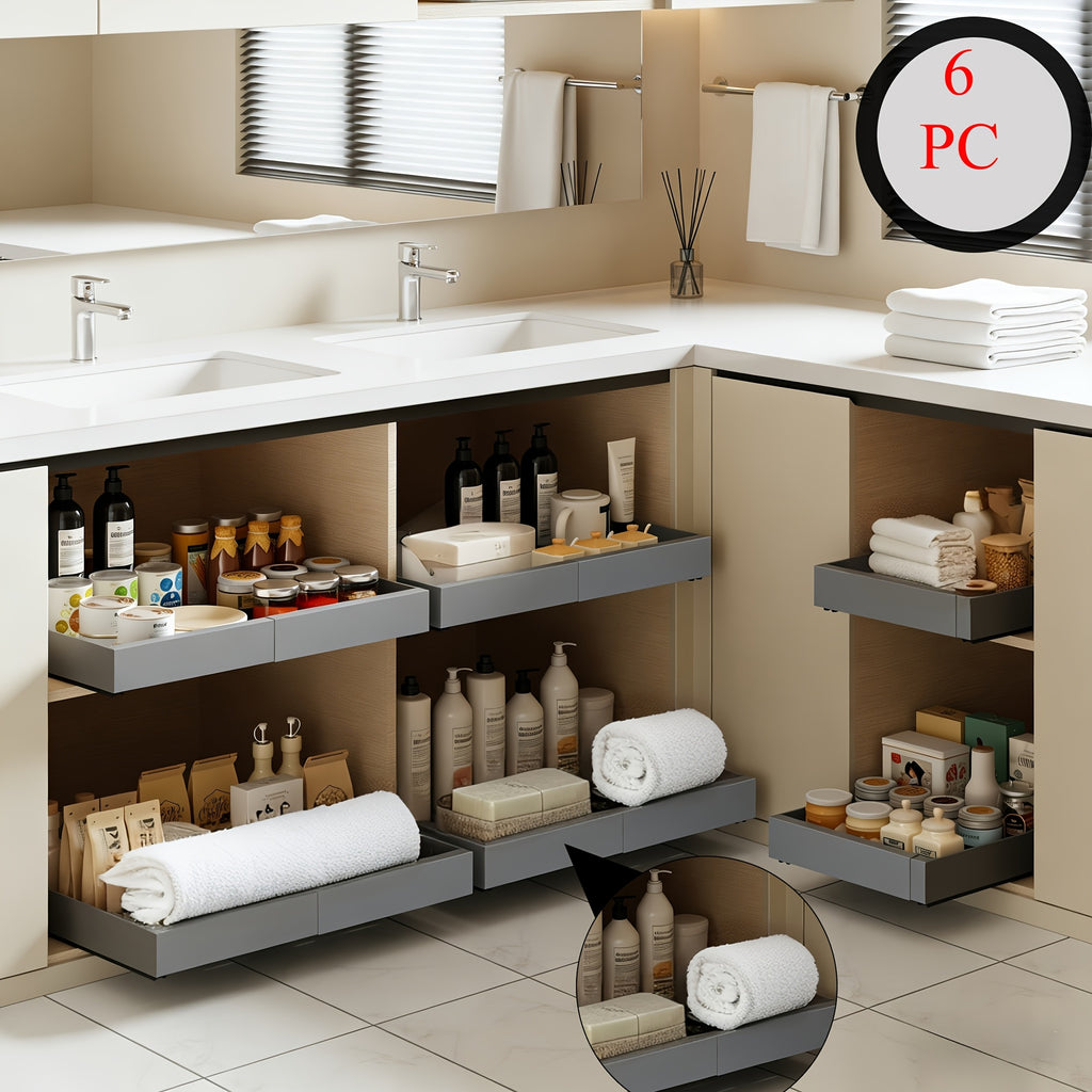 Pull Out Cabinet Organizer Shelf – Expandable Sliding Storage Drawer, Heavy Duty Carbon Steel, No Drill Under Sink Basket for Kitchen, Bathroom & Laundry, 2/4/6 Pack