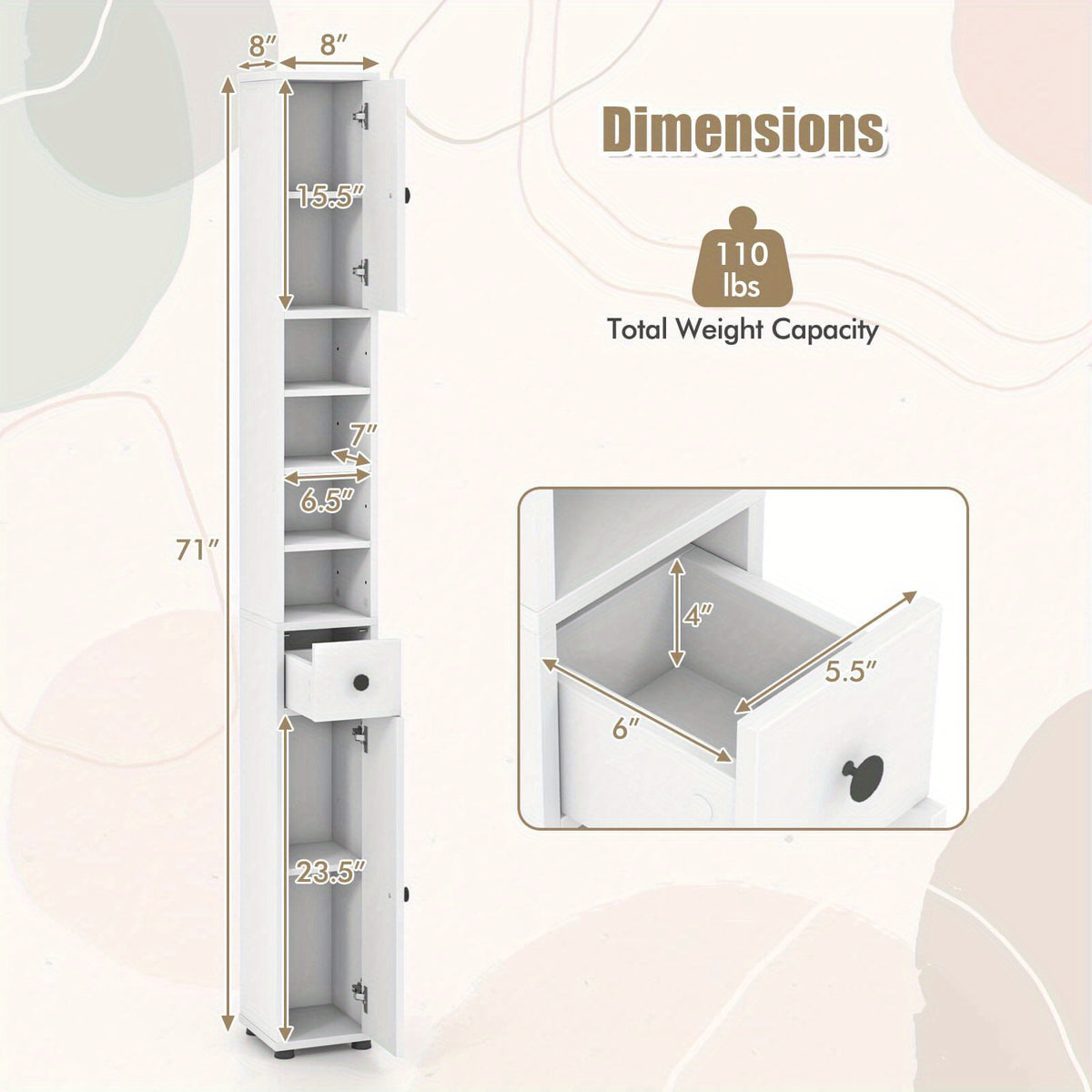 Tall Narrow Storage Cabinet with Doors Drawer & Adjustable Shelves – Freestanding Linen Tower for Bathroom Hallway Entryway Small Spaces