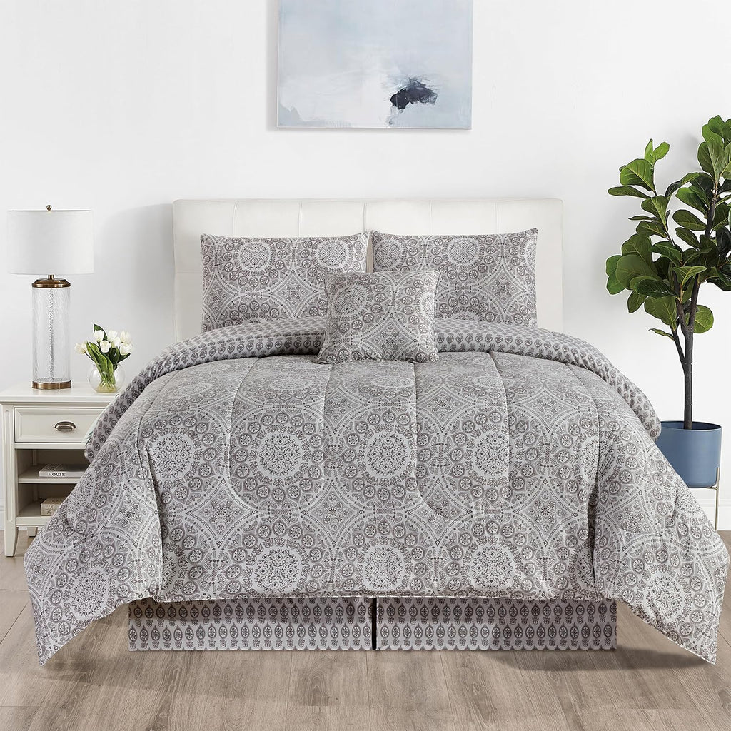5-Piece Comforter Set – Reversible Quilted Down Alternative Bedding Set with Pillow Shams, Bed Skirt & Cushion | All Season | Twin, Queen, King