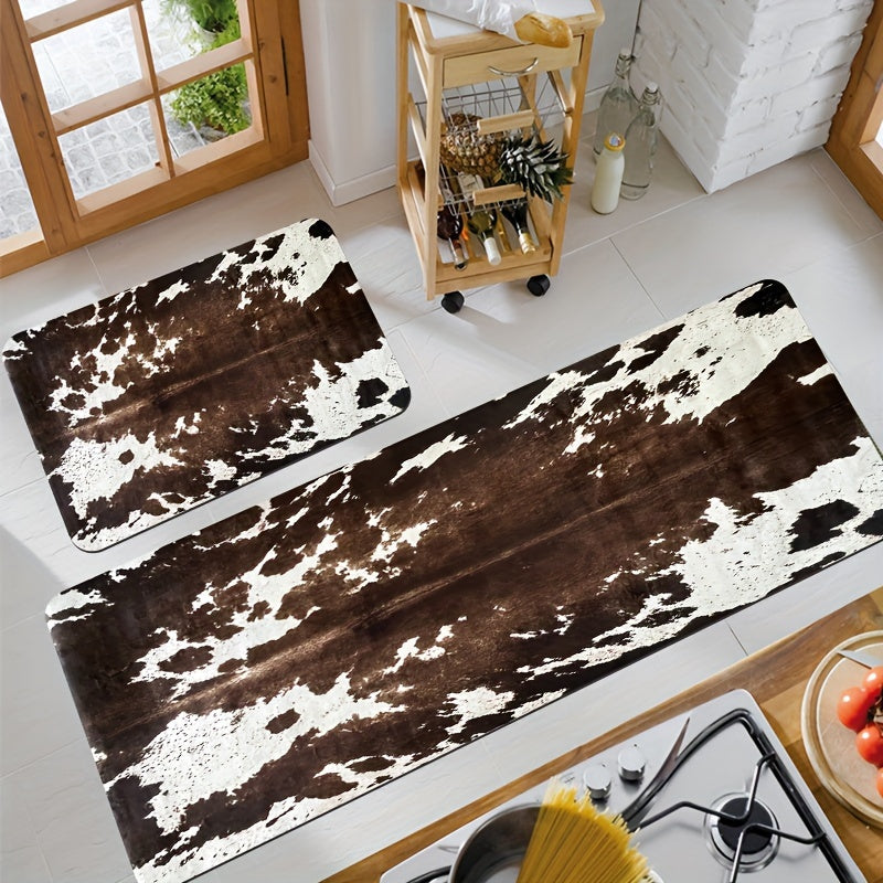 Cowhide Pattern Kitchen Mat Set 2pcs – Memory Sponge Anti-Fatigue Anti-Slip Floor Mats, Quick-Dry Animal Print Carpet for Kitchen Hallway Bathroom Laundry Room