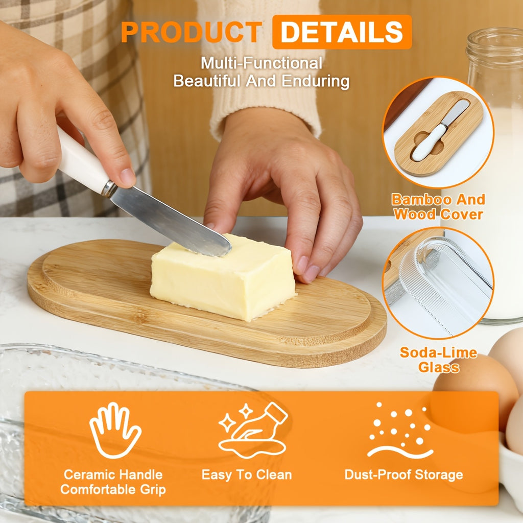 Airtight Glass Butter Dish with Lid Stripe and Crystal Pattern Butter Keeper for Countertop and Refrigerator Hygienic Covered Butter Tray for Kitchen Storage