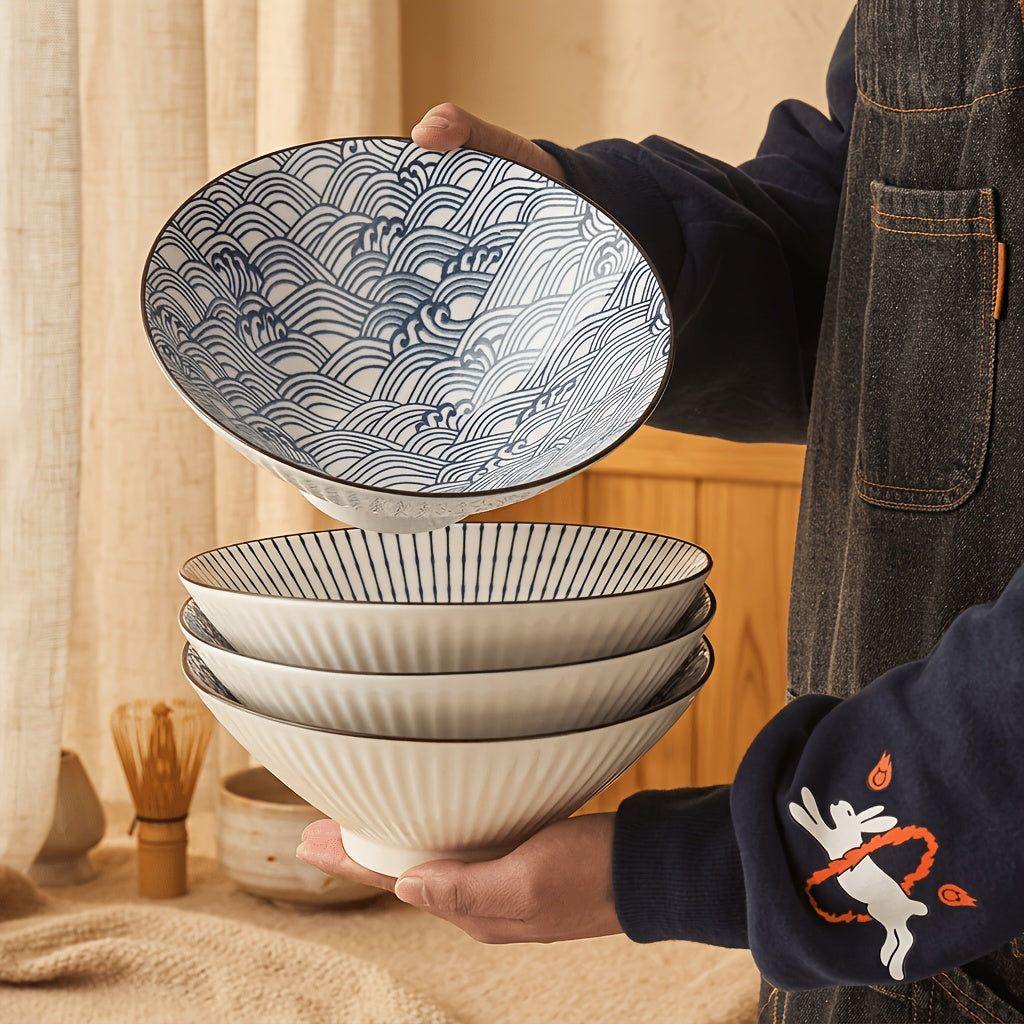 Japanese Ramen Bowls Set of 2 or 4 Ceramic Blue White Leaf Pattern 8 Inch 32oz Noodle Soup Bowl for Pho Ramen Pasta Cereal