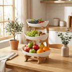 Tiered Fruit Basket Bowl 2-3 Layer Bamboo Wood Stand Kitchen Counter Serving Tray Snack Candy Plate with Fork European Style