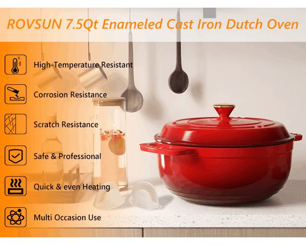 Dutch Oven 5QT 6QT 7.5QT Enameled Cast Iron Cookware with Lid Silicone Handles Oven Safe 500°F Bread Baking Stews Roasts Multiple Colors