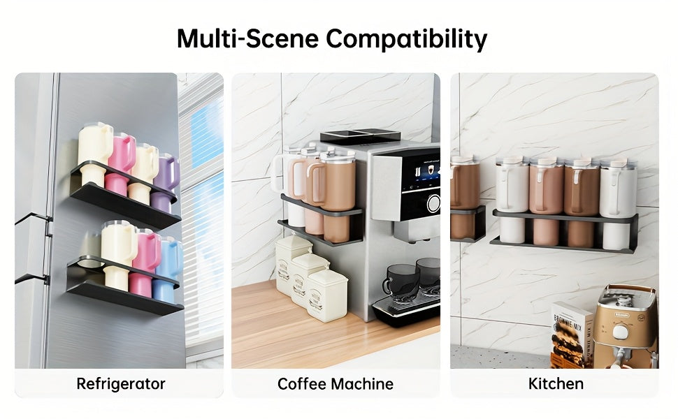 Magnetic Cup Holder for Fridge Heavy Duty Metal Organizer Rack for Tumblers Water Bottles Travel Mugs Drinkware - Magnetic Fridge Cup Organizer for Kitchen Pantry Cabinet Laundry Room, Black, 1-2 Pack