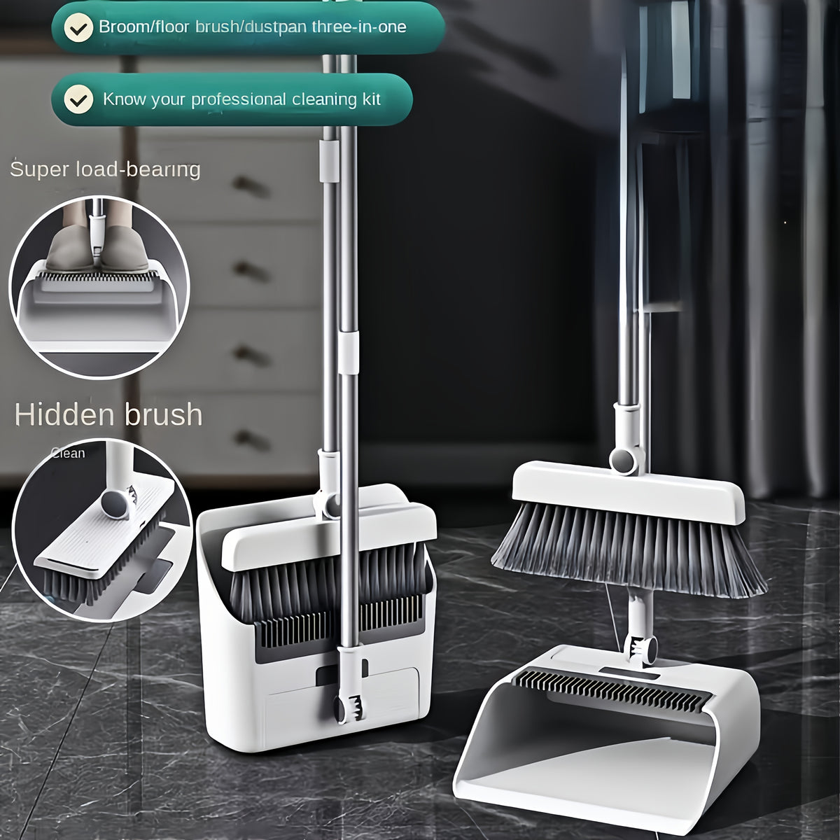 Broom and Dustpan Set 3-in-1 4-in-1 Long Handle Non-Stick Hair Foldable Rotatable Floor Sweeper for Home Office Outdoor Hardwood Tile Indoor Cleaning