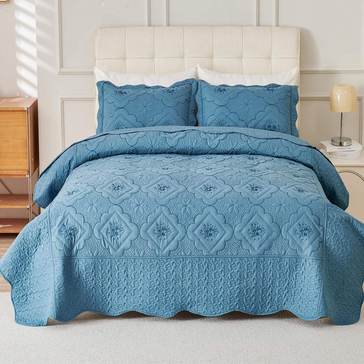 Quilted Embroidered Bedspread Set 3 Pcs – Floral Embroidery, 100% Polyester, Wrinkle-Resistant Lightweight Coverlet for Queen & King Bedroom Decor, 16 Colors