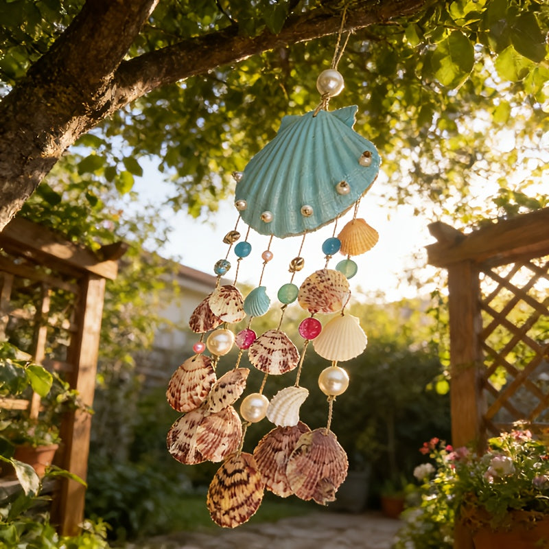 Seashell Wind Chime Coastal Beach Scallop Shell Pearl and Glass Beads Ocean Themed Zen Garden Decoration for Indoor Outdoor Porch Patio Boho Decor