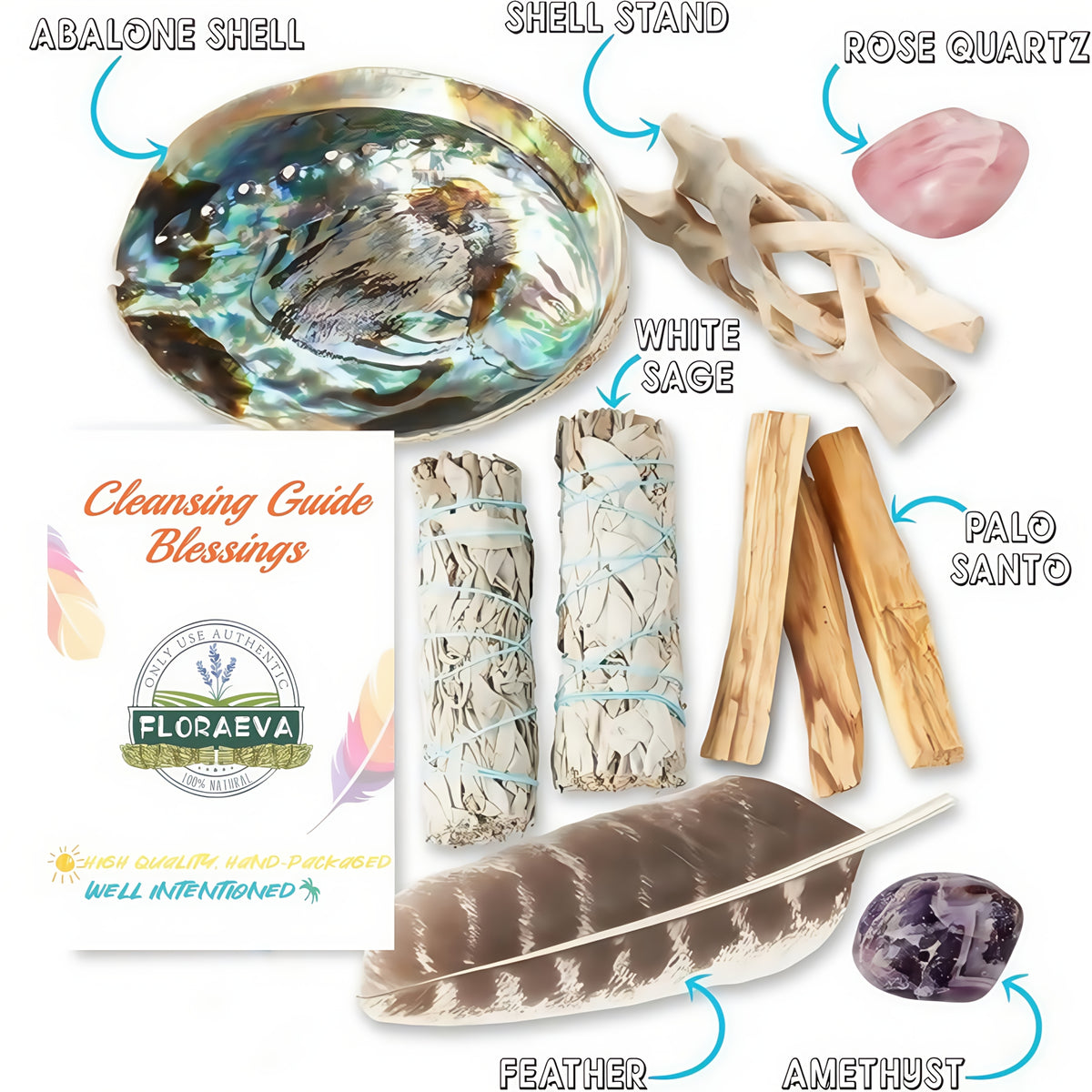 Floraeva Home Cleansing & Incense Gift Set – White Sage, Palo Santo, Abalone Shell, Crystal Stone, Incense Feathers & Stand for Home Protection, Positive Energy, Spiritual Decor & Holiday Gifting