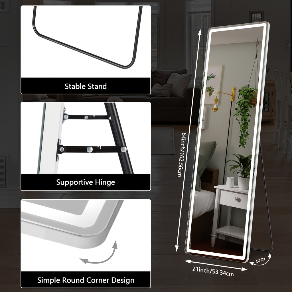 Smart LED Touch Sensor Full-Length Mirror with Adjustable Brightness – Wall-Mount & Freestanding Slim Modern Frame for Vanity, Bedroom & Dressing Room Lighting