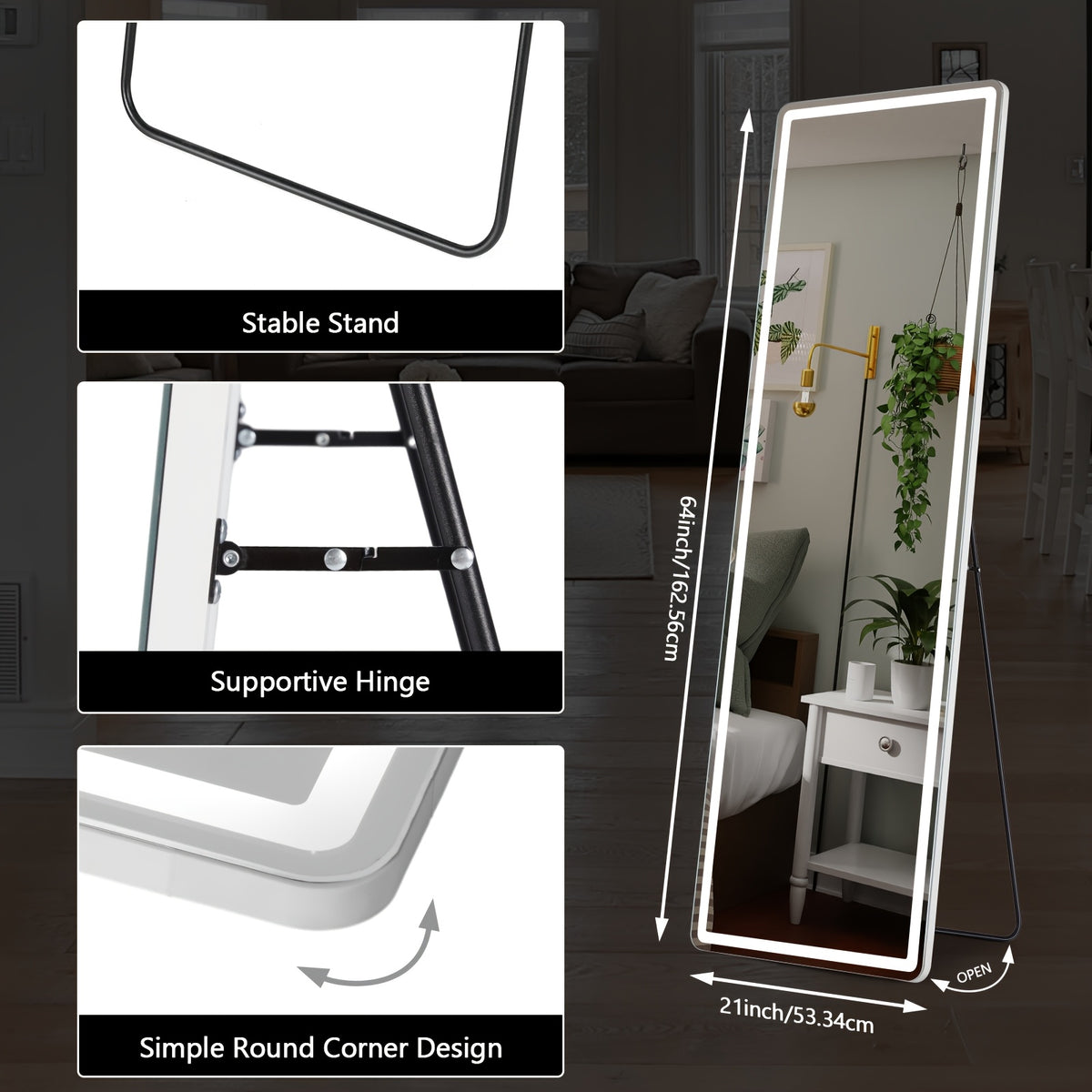 Smart LED Touch Sensor Full-Length Mirror with Adjustable Brightness – Wall-Mount & Freestanding Slim Modern Frame for Vanity, Bedroom & Dressing Room Lighting