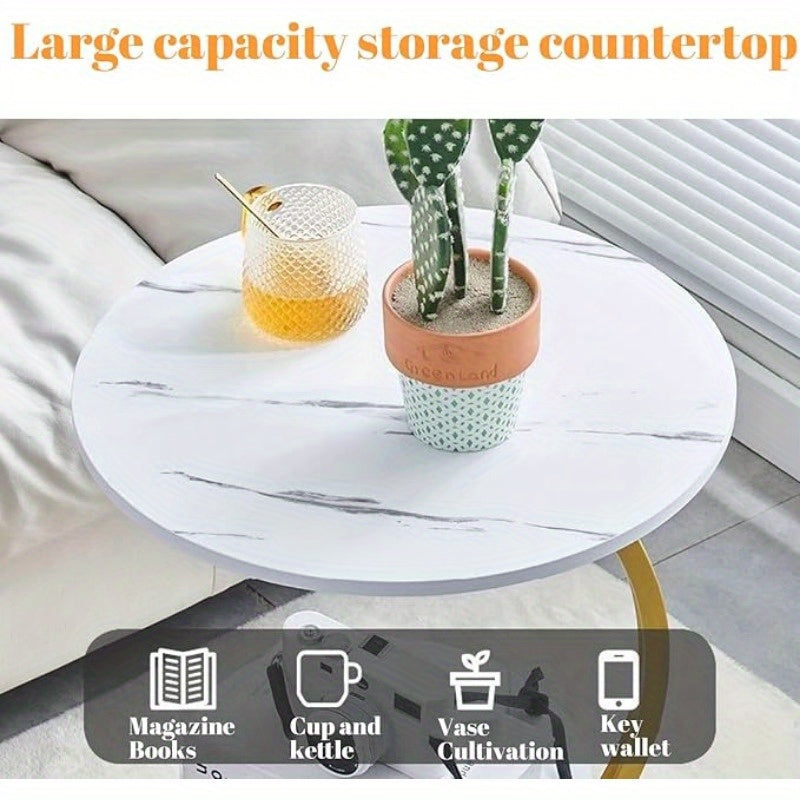 Marble Pattern Wrought Iron Side Table Modern Minimalist Sofa End Table for Living Room Bedroom Small Space