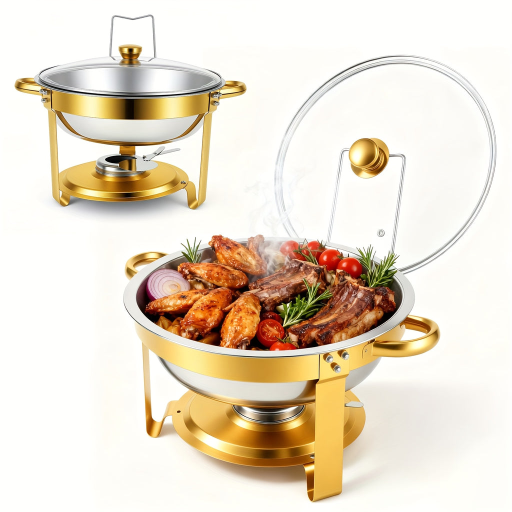 Stainless Steel Chafing Dish Buffet Set 5QT Round - Premium Food Warmer Server with Dome Lid for Parties, Banquets, Weddings & Catering, Available in 1, 2 & 4 Pack Golden Finish