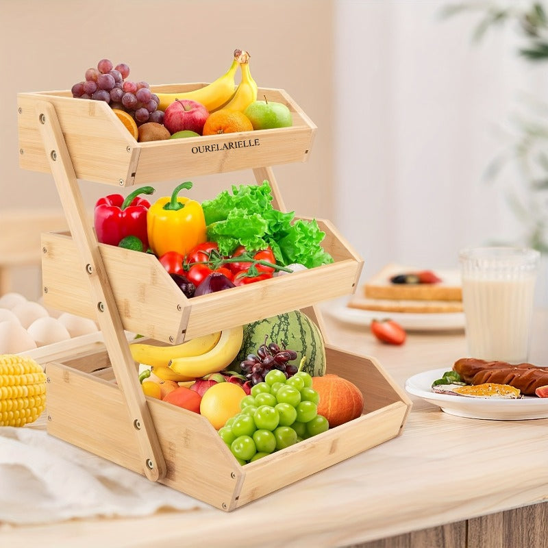 3 Tier Bamboo Fruit Basket Rack Large Capacity Countertop Kitchen Storage for Fruits Vegetables & Bread – Natural Wood Ventilated Design