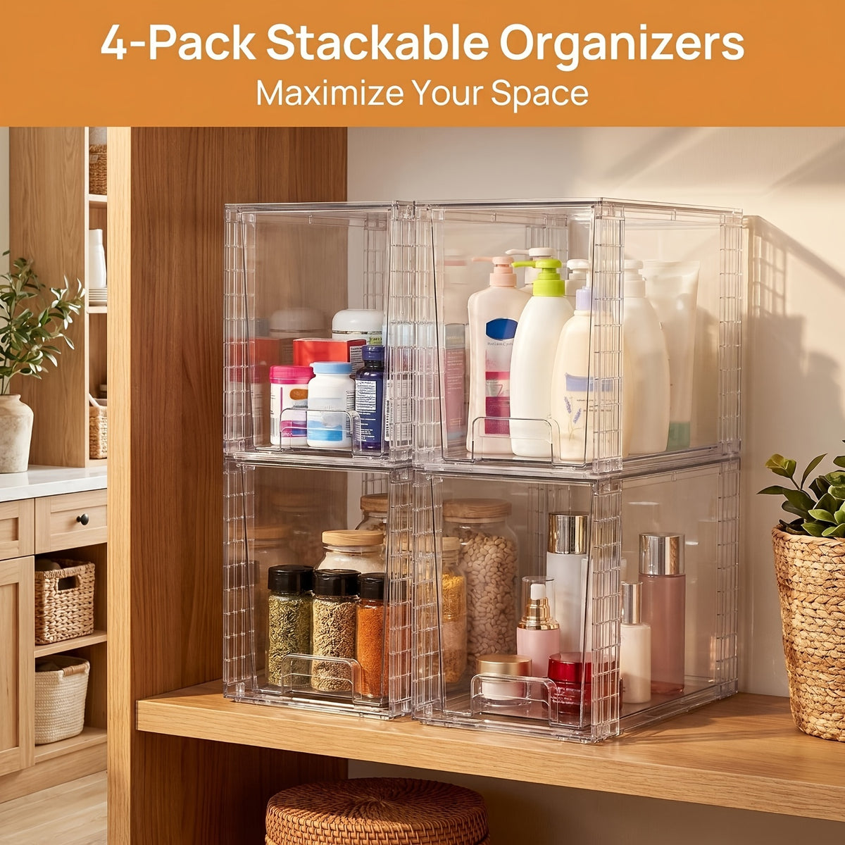 Under Sink Organizer Clear Stackable Storage Drawers – 4 Pack Plastic Bins for Bathroom, Kitchen, Skincare & Makeup, 9.7" High