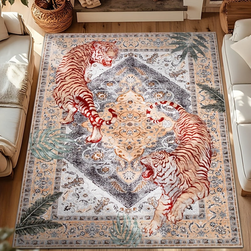 Tiger Jungle Area Rug – Washable Non-Slip Indoor Carpet for Living Room, Bedroom & Home Office | Red, Green, Beige | 5x7 to 9x12 ft | Nuvia Haven