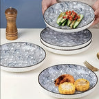 Nordic Ceramic Dinner Plates 8-Inch Set of 4 – Yamada Pattern & Springlight Stripe Serving Plates Underglaze Color Non-Slip Edge Round Steak Plate for Home Kitchen Dining
