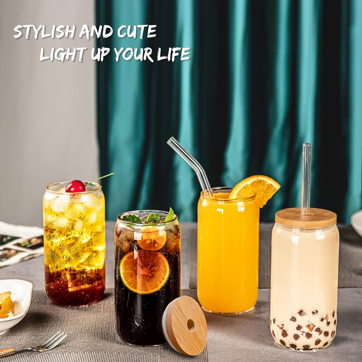 Borosilicate Glass Tumbler Set of 6 with Bamboo Lids, Glass Straws & Cleaning Brushes - 18.7oz Elegant Drinking Glasses for Soda Boba Tea Cocktails Beer Iced Coffee