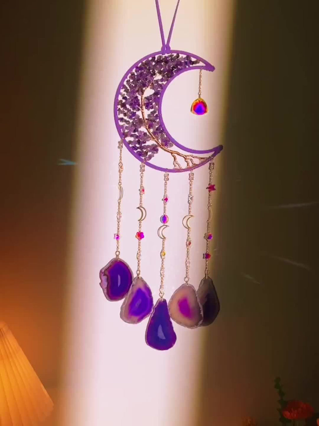 Handmade Moon Agate Tree Hanging Ornament – Boho Suncatcher Crystal Wall Decor | Birthday, Christmas & Holiday Gift for Mom, Friends & Her
