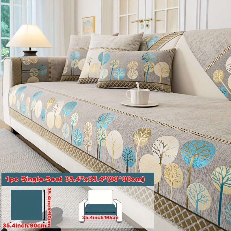 Bohemian Embroidered Sofa Cushion Cover Geometric Tree Leaf Design Pet Friendly Elegant Blue Gold for Living Room Bedroom Office All Sofa Sizes