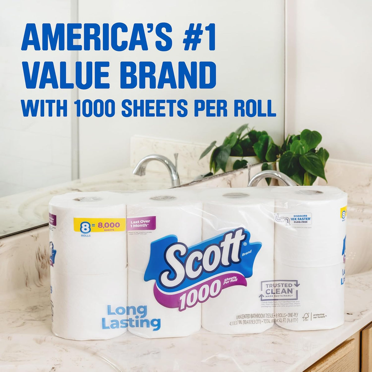 1000 Sheets Per Roll Toilet Paper 16 Rolls – 1-Ply Long-Lasting Bath Tissue with Clog-Free Technology, Dissolves 10x Faster, Individually Wrapped Rolls
