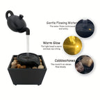 Zen Teapot Water Fountain with LED Warm Light & Flowing Water | Black Resin Tabletop Relaxation Fountain, Pebble Bed, Meditation Decor for Home Office, Stress Relief Gift