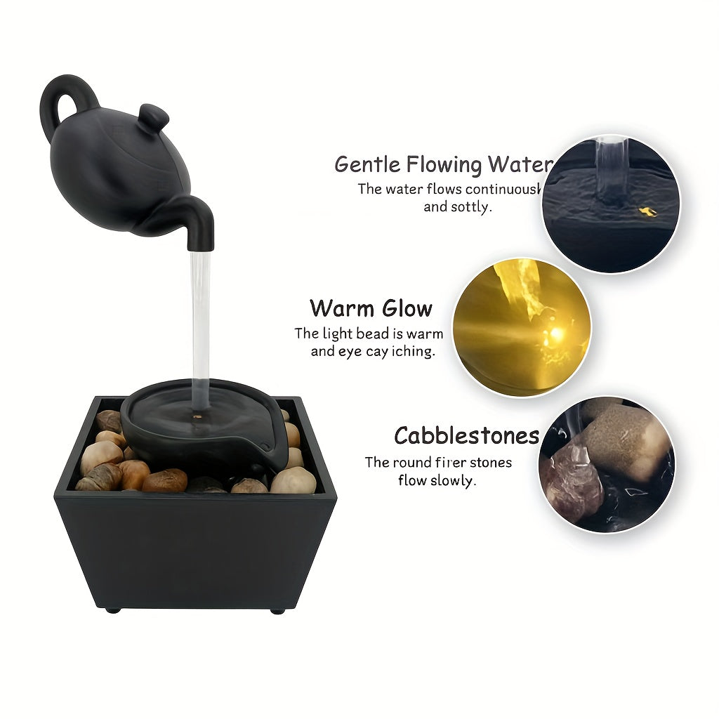 Zen Teapot Water Fountain with LED Warm Light & Flowing Water | Black Resin Tabletop Relaxation Fountain, Pebble Bed, Meditation Decor for Home Office, Stress Relief Gift