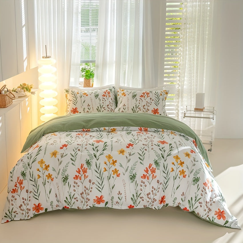 Floral Duvet Cover Set 3-Piece Soft Breathable Polyester – Flowers & Plants Print Comforter Cover with Zip Closure, Twin Full Queen King Bedding Set No Insert