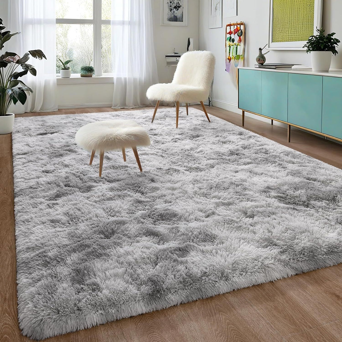 Shaggy Plush Area Rug Non-Slip Machine Washable Fluffy Tie-Dye Shedding Resistant 5x8 8x10 ft for Living Room Bedroom 7 Colors