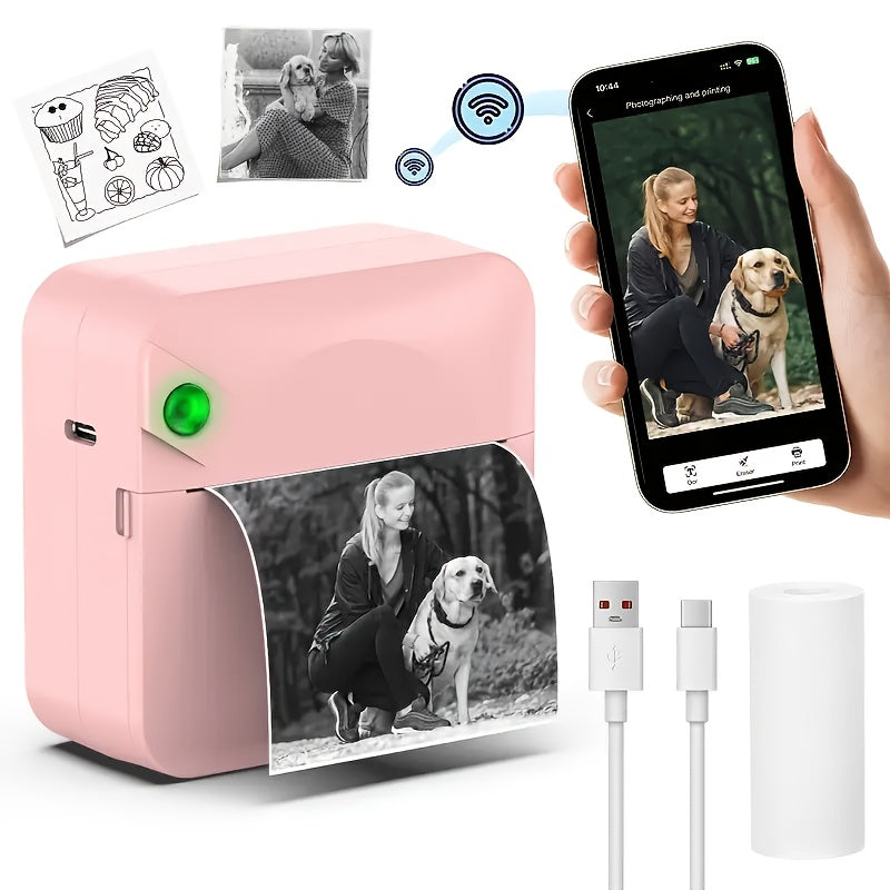 Mini Pocket Thermal Printer Inkless Wireless Sticker Photo Printer with 1 Roll Thermal Paper Portable Receipt Printer for Photos Diaries Notes Memos