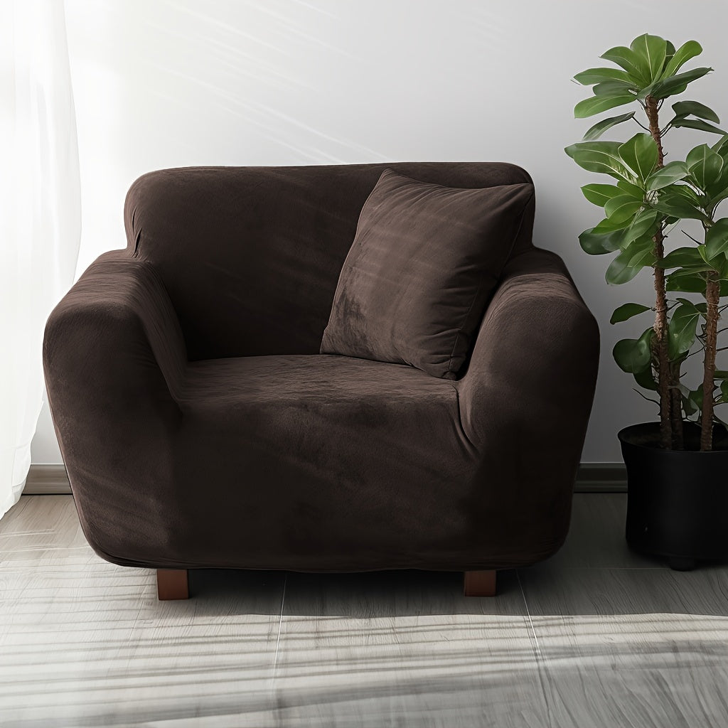 Velvet Stretch Sofa Cover Slipcover – Thick High-Elasticity Plush Couch Cover for L-Shape 1 2 3 4 Seater, Polyester Spandex Furniture Protector with Pillowcase for Living Room