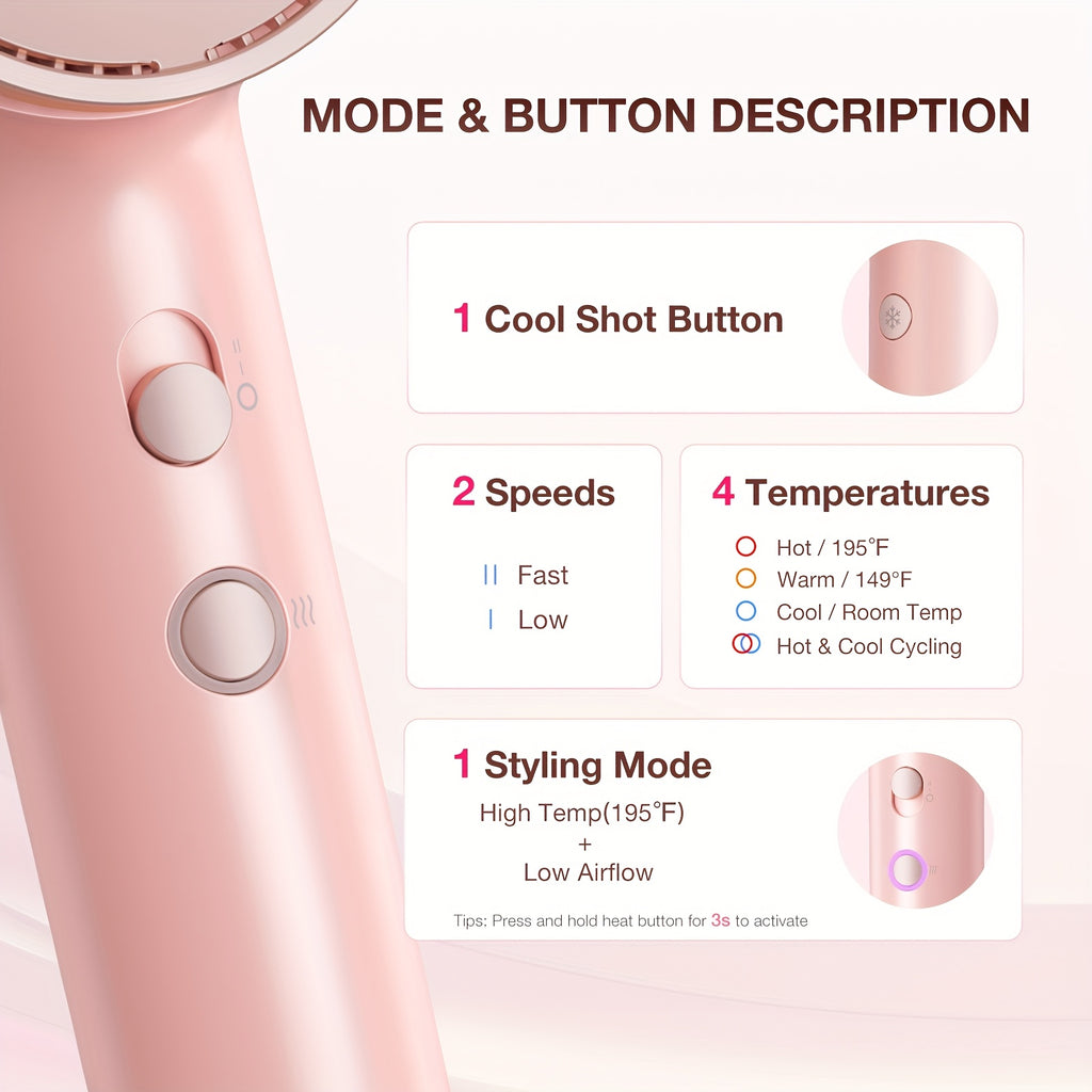 1875W Ionic Hair Dryer with Diffuser for Curly Hair – Quick-Drying Professional Blow Dryer, Foldable Lightweight Travel Hair Dryer for Women & Men, Leakage-Protected US Plug, Pink