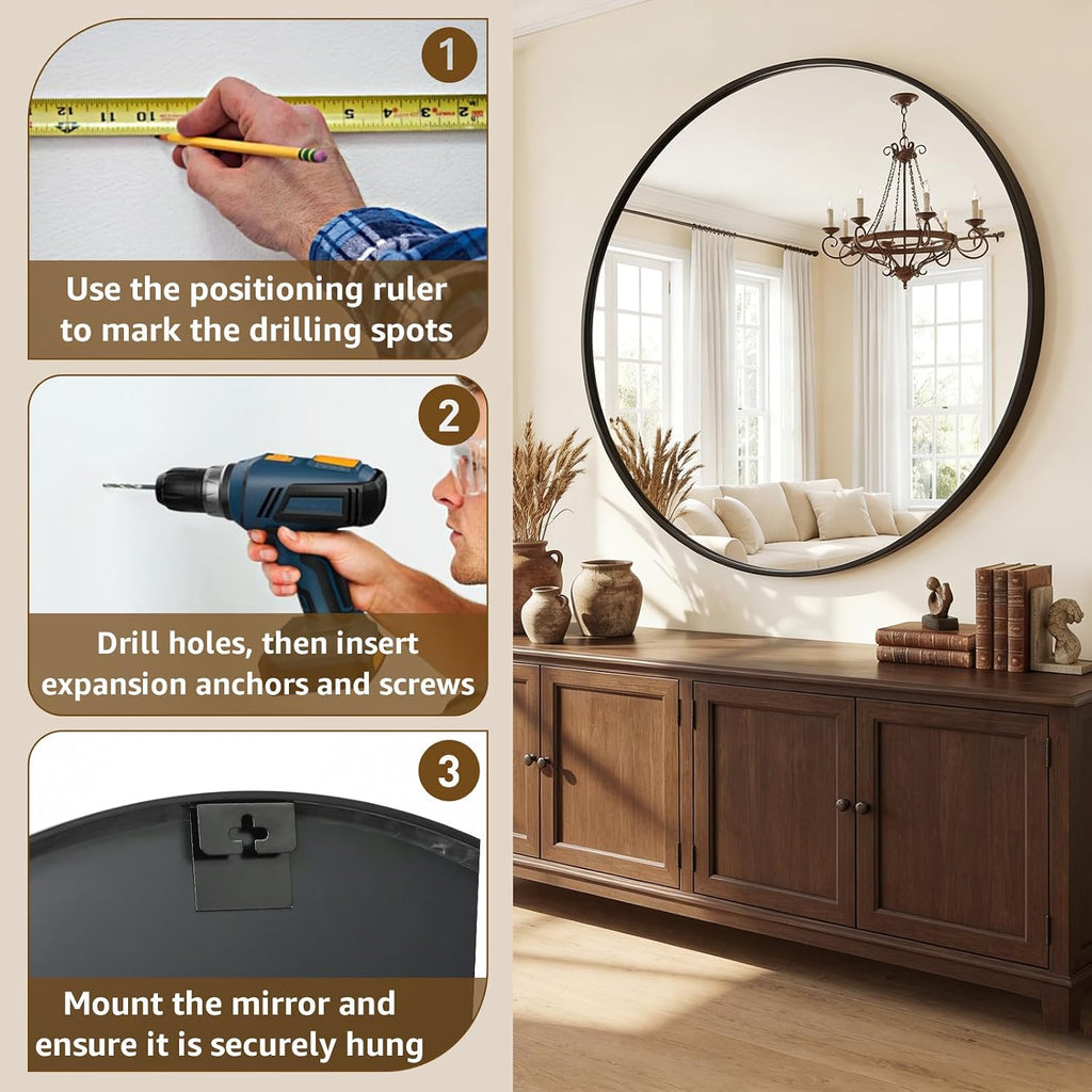 Round Wall Mirror 20 24 28 30 Inch – Circle Vanity Mirror for Bathroom, Bedroom & Living Room | Anti-Rust Modern Decor | Black & Gold
