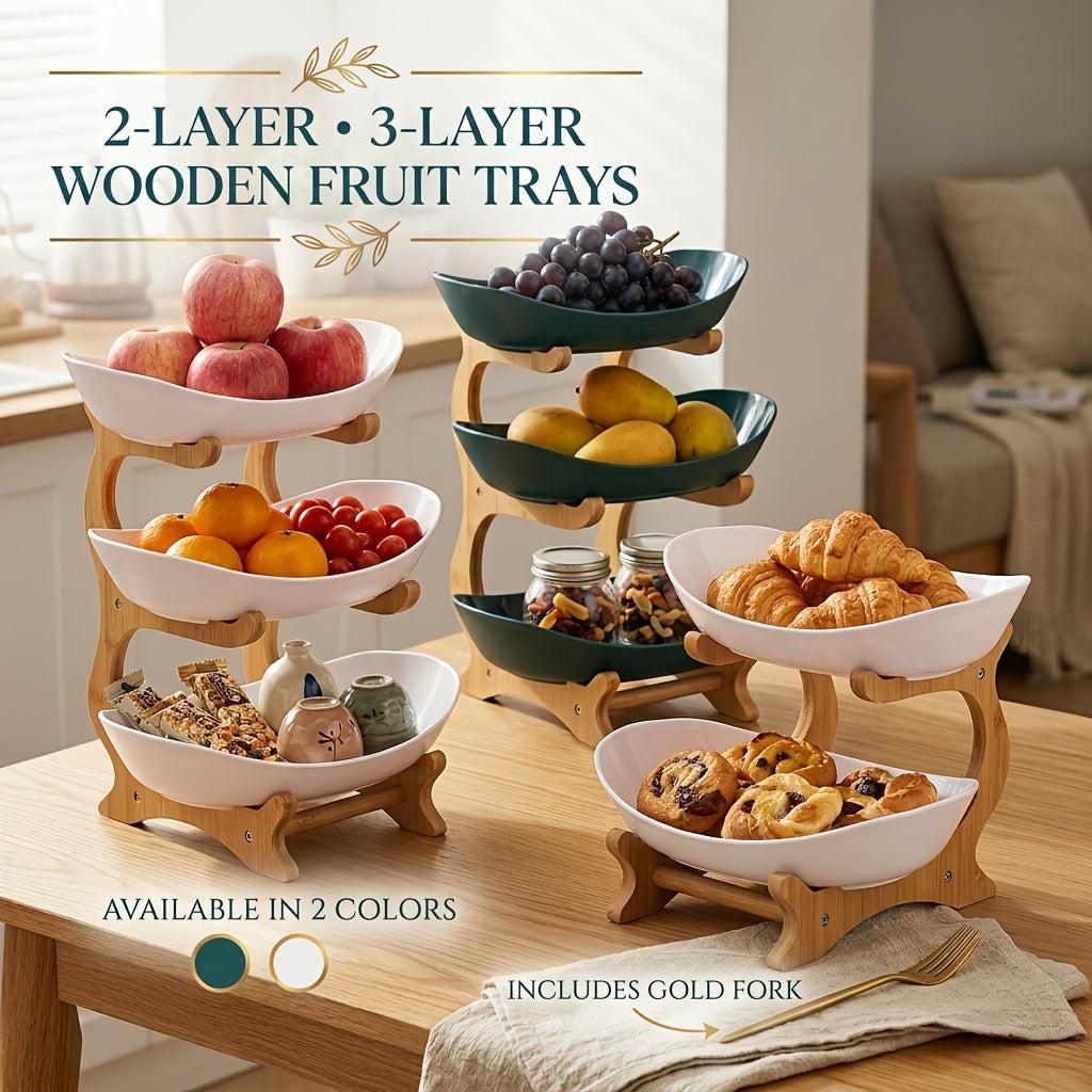Tiered Fruit Basket Bowl 2-3 Layer Bamboo Wood Stand Kitchen Counter Serving Tray Snack Candy Plate with Fork European Style