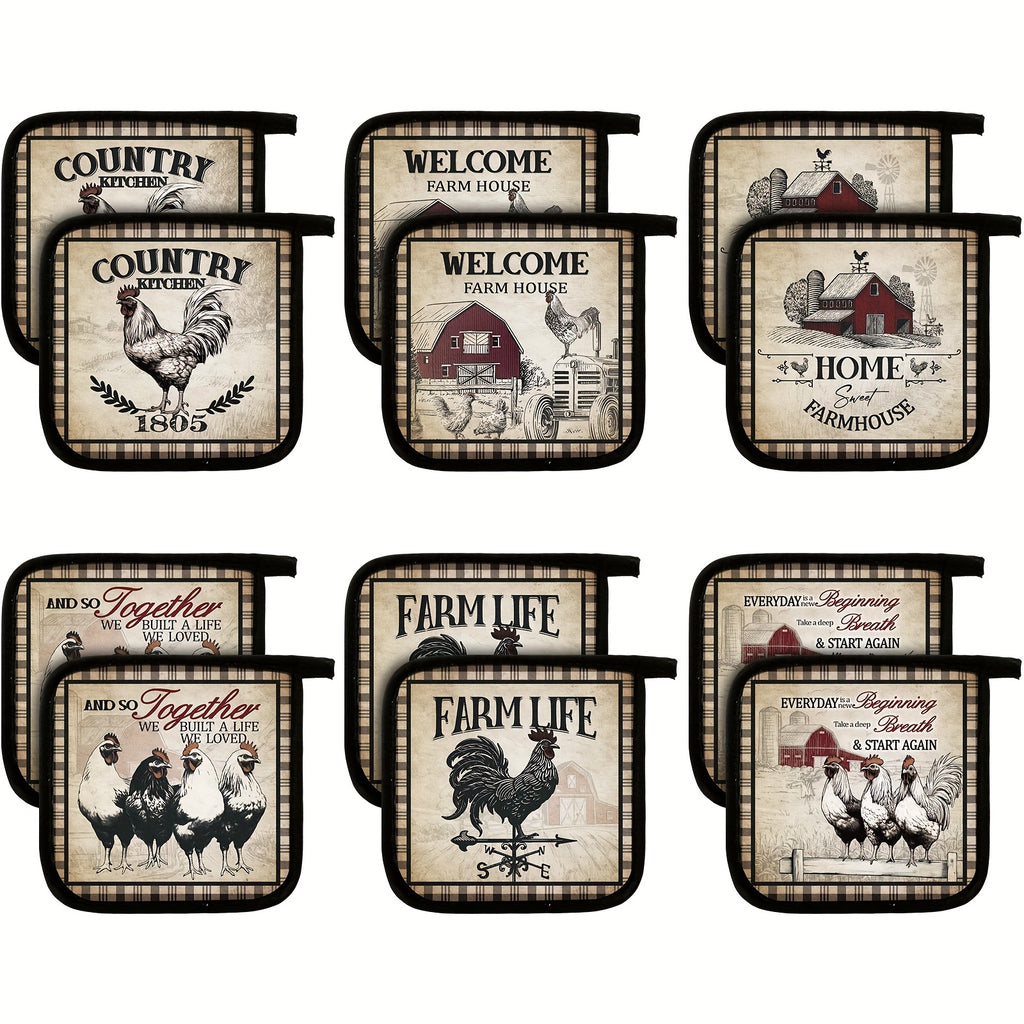 Farmhouse Rooster Pot Holders Set of 12 with Pocket - Heat Resistant Polyester Oven Mitts Hot Pads and Cookie Bags for Baking Cooking and Gifting - Fun Kitchen Potholder Gift Set