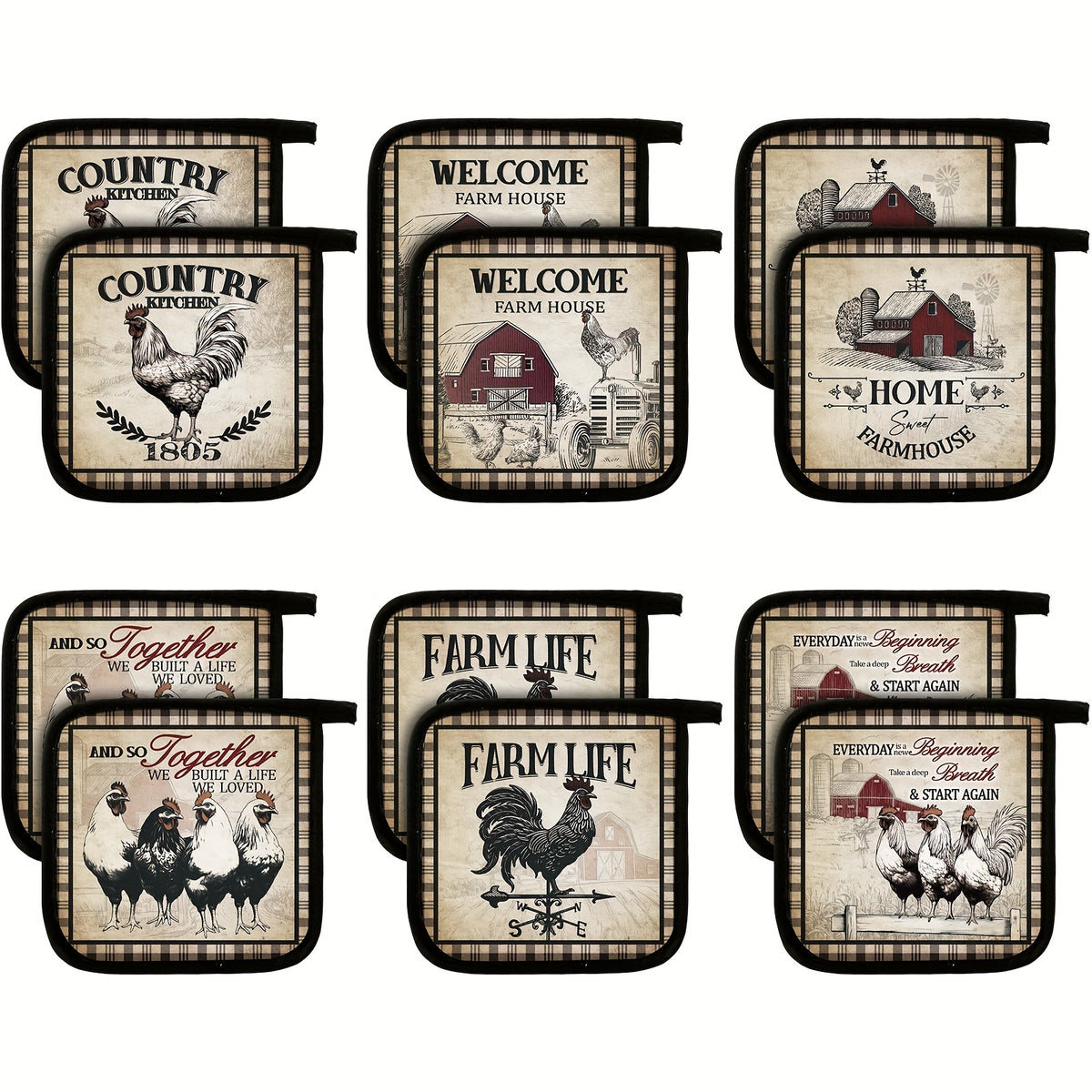 Farmhouse Rooster Pot Holders Set of 12 with Pocket - Heat Resistant Polyester Oven Mitts Hot Pads and Cookie Bags for Baking Cooking and Gifting - Fun Kitchen Potholder Gift Set