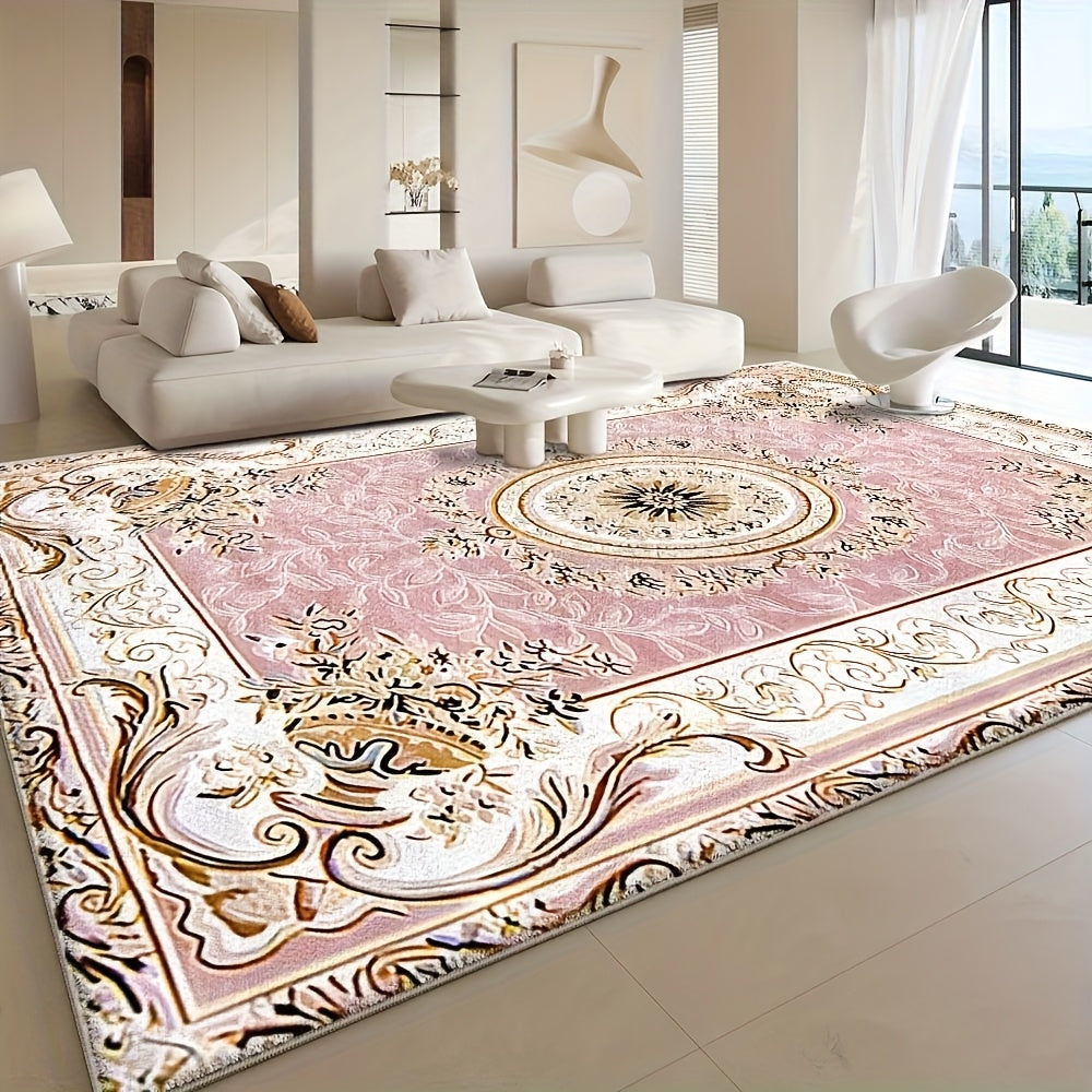 Luxury Velvet Floral Area Rug 852GSM Low Pile Machine Washable Non-Slip Vintage Checkered Design for Bedroom Living Room Dining Office 5 Sizes
